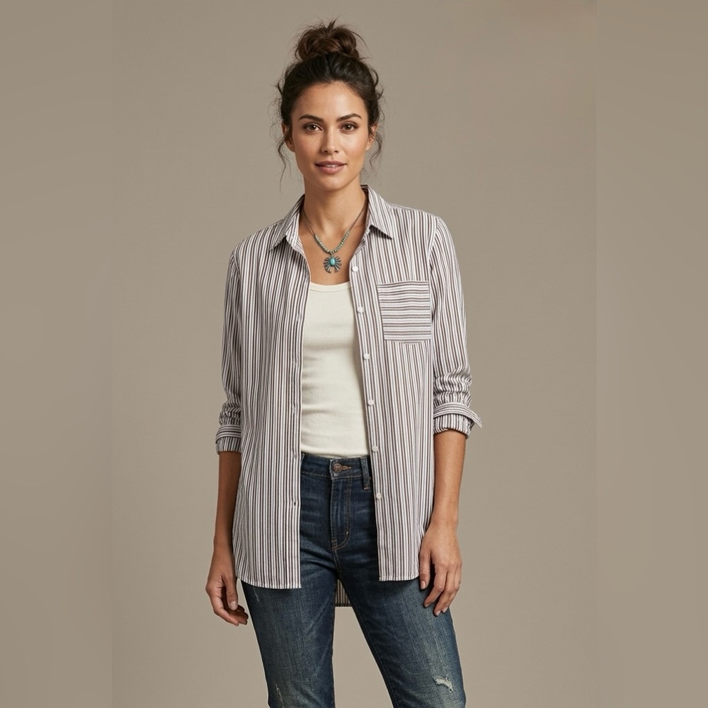 J. Mclaughlin Womens Long Sleeves Button Down Brown White Striped Shirt Medium